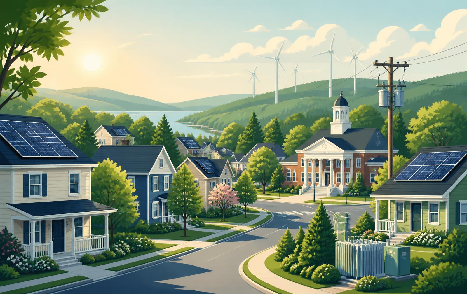 New Jersey neighborhood with homes, a municipal town hall, rooftop solar panels, utility lines and wind turbines on the horizon